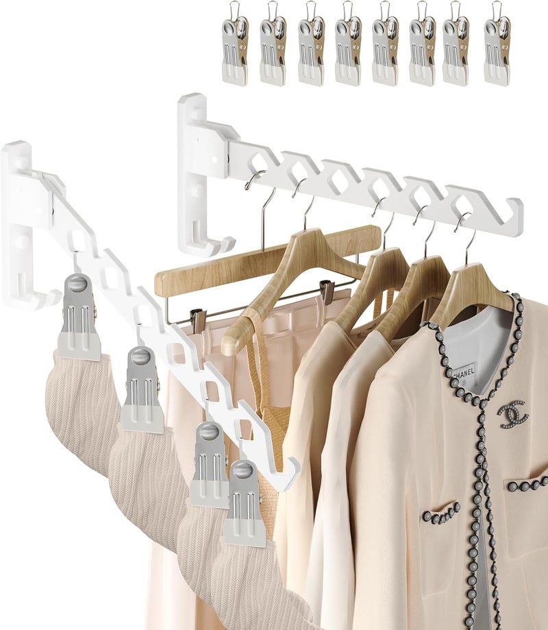 Dr.DJ Wall Mount Coat Hanger Holder White Clothes Drying Organizer Rack Garment Hooks Aluminium Retractable Folding Indoor Wall Mounted Hanger Space Saver for Laundry Room Bedroom White 2 Pack with 8 Hooks - Image 1